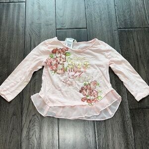 Guess girls long sleeve sheer ruffle hem bottom floral glitter shirt